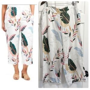 Cynthia Rowley 100% Linen Wide Leg Cropped Tropical Leaf Print Pants Size 1X